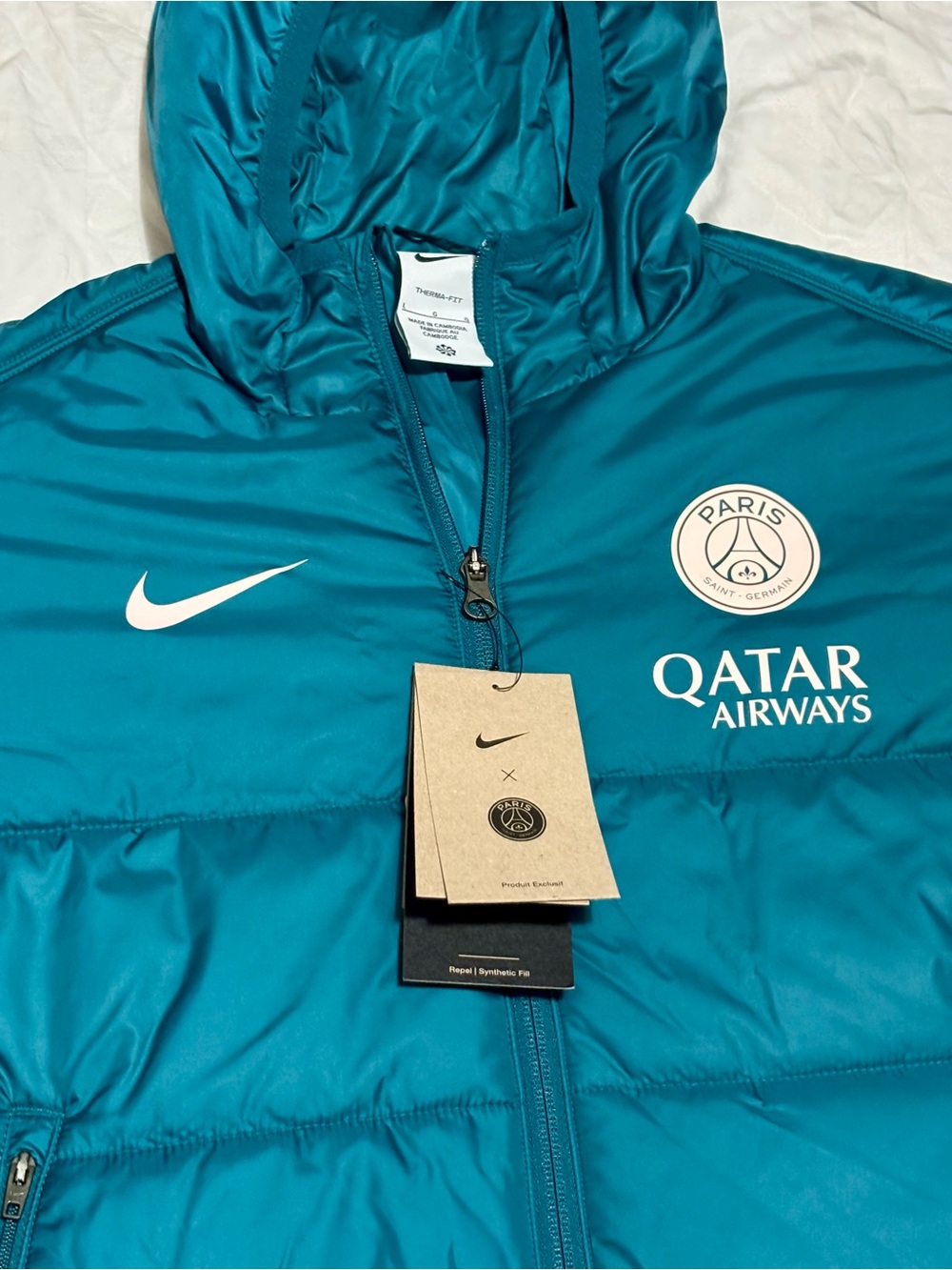 Nike Teal PSG Hooded Puffer Jacket with White Logos